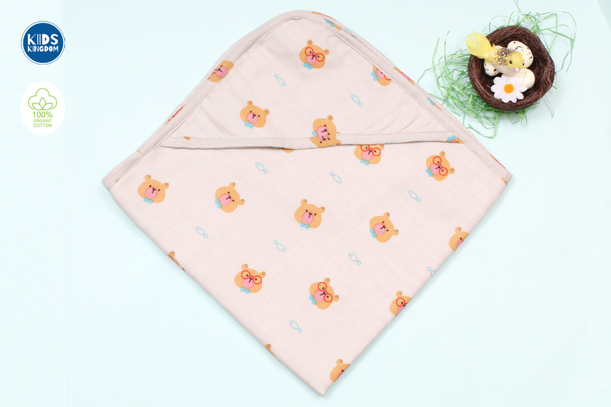 Muslin Hooded Receiving Blanket 8-Layer GreyTeddy