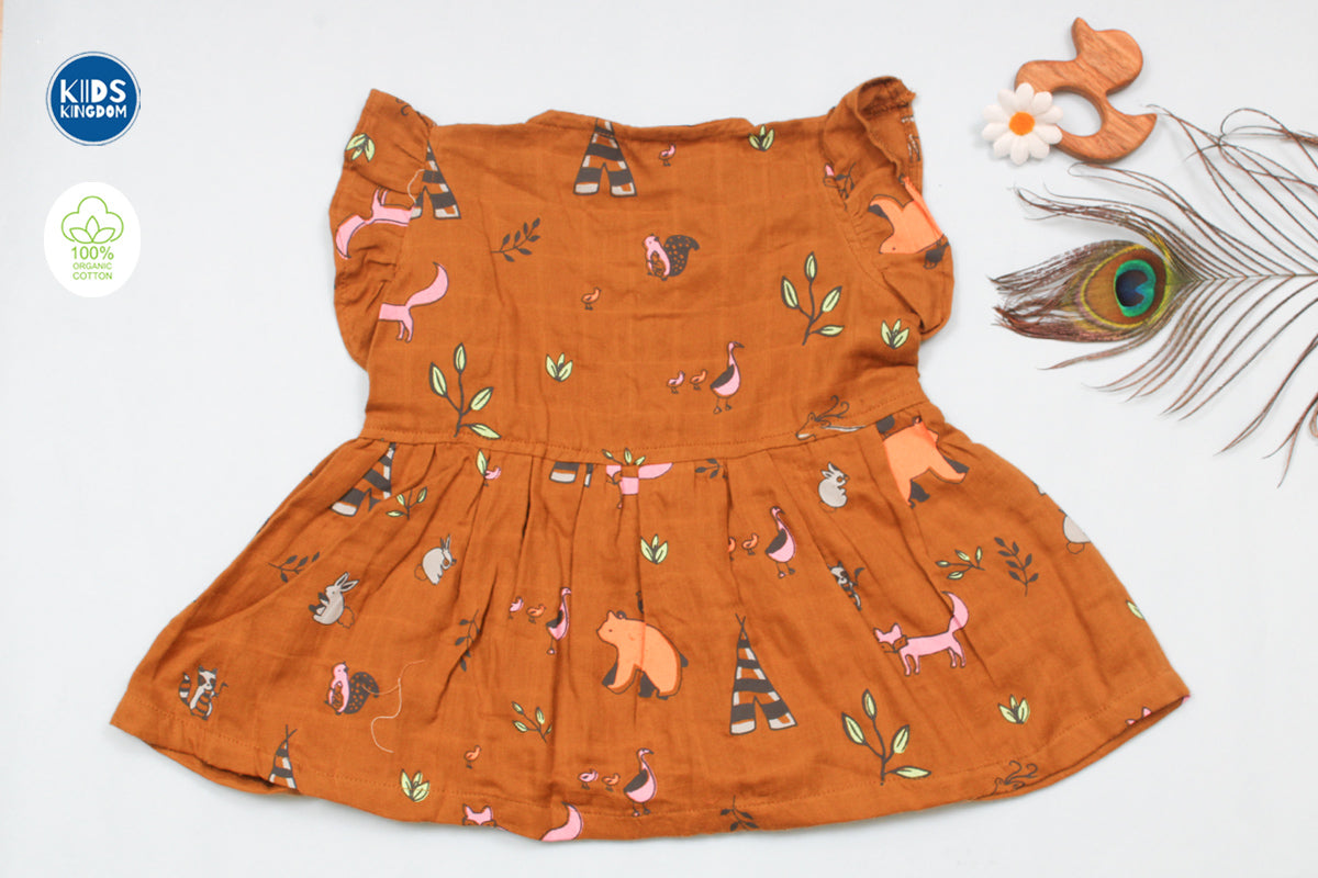 Colour Muslin Frock Brown with Animals