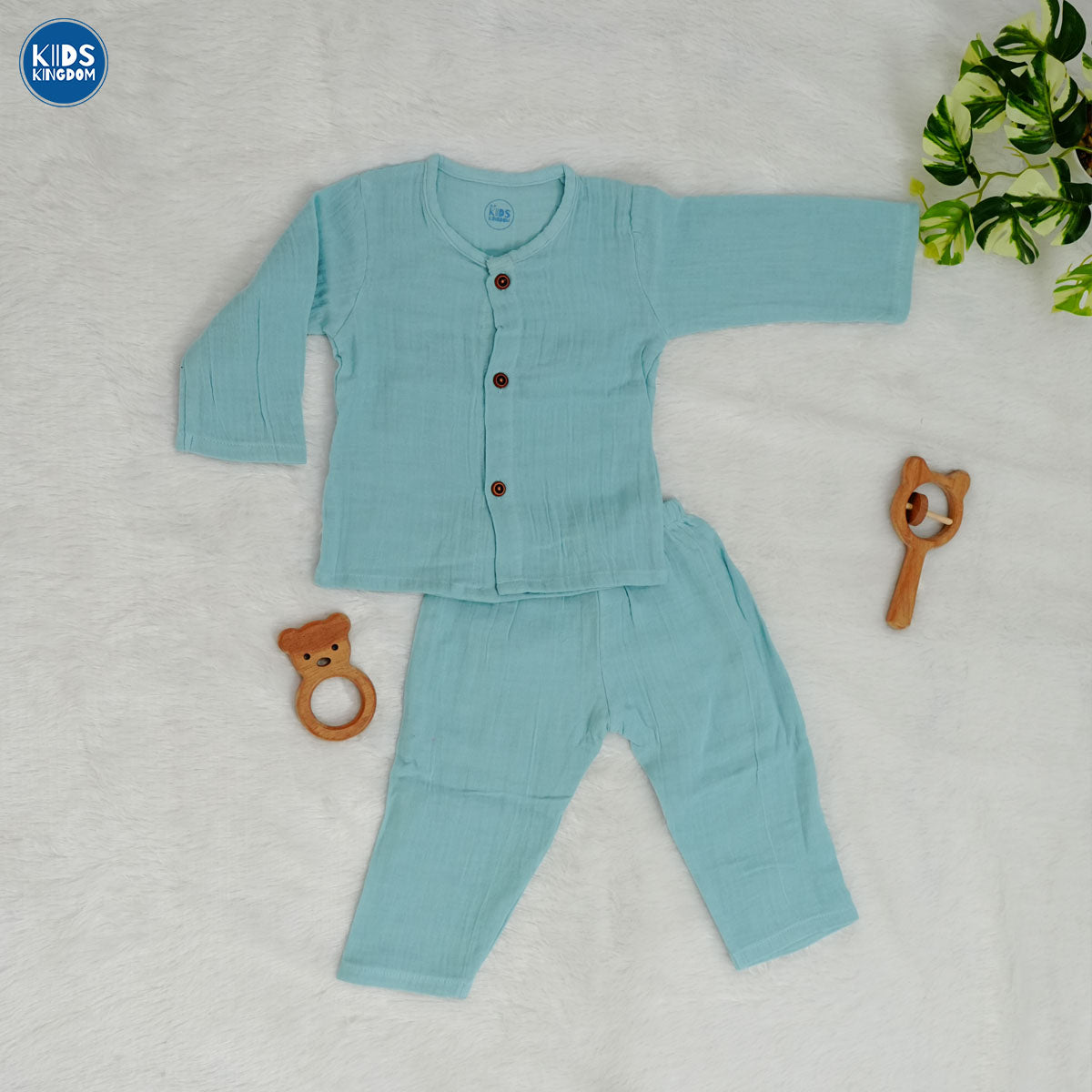 Crinkled Muslin Night Suit Aqua