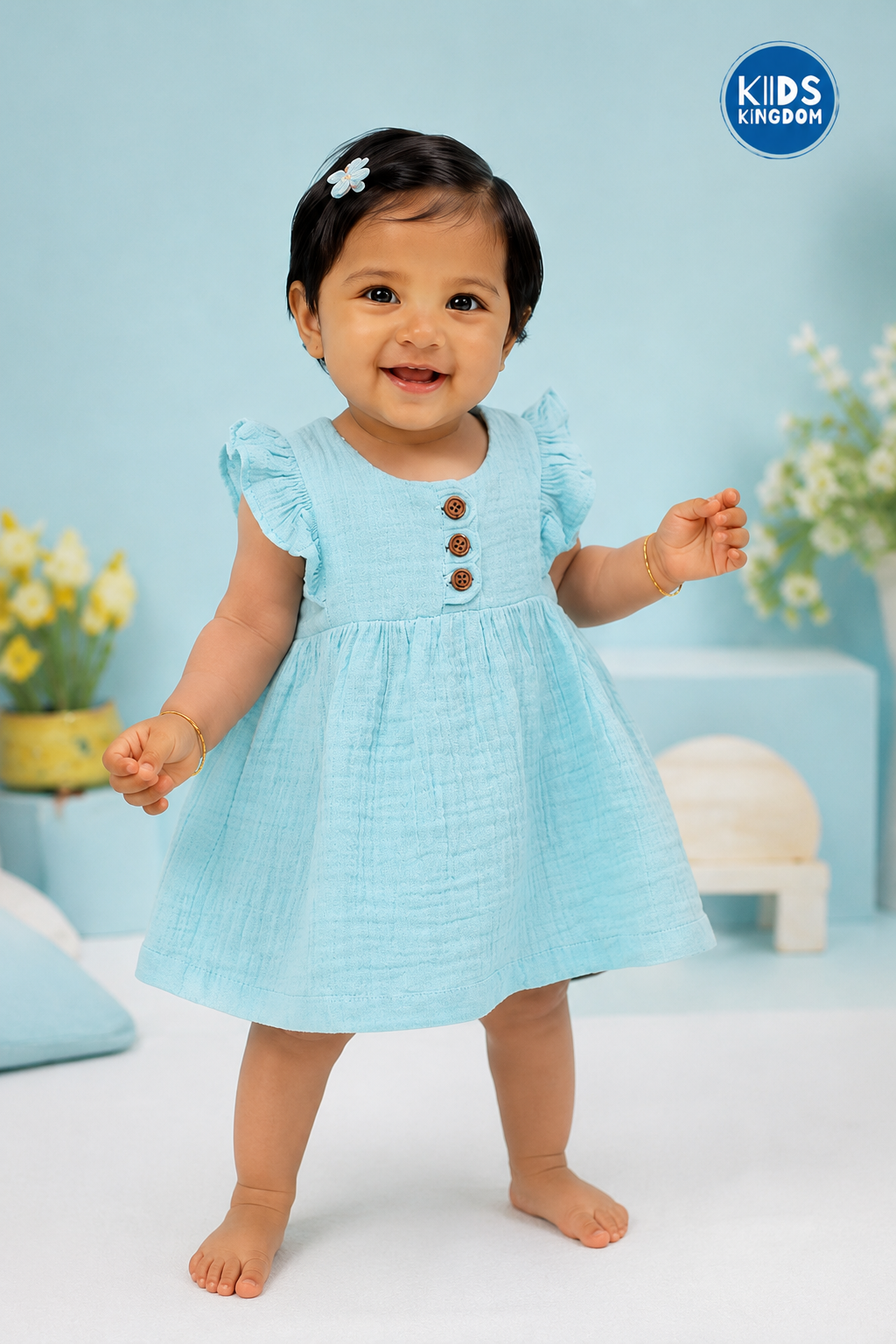Crinkled Muslin Frock Aqua