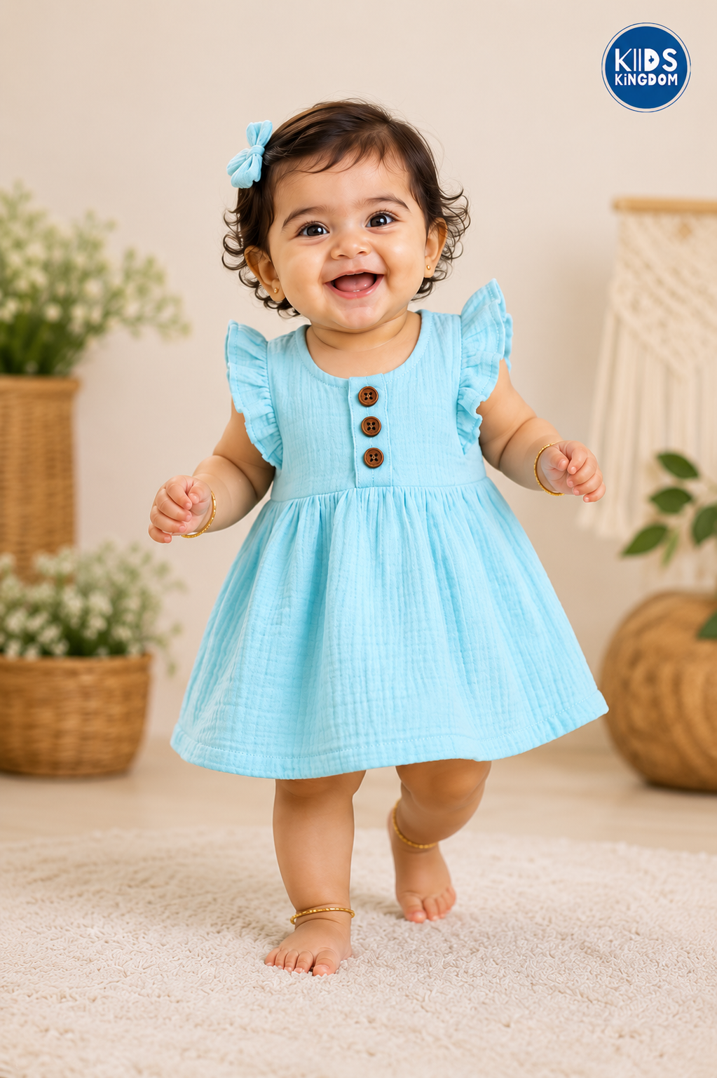 Crinkled Muslin Frock Aqua