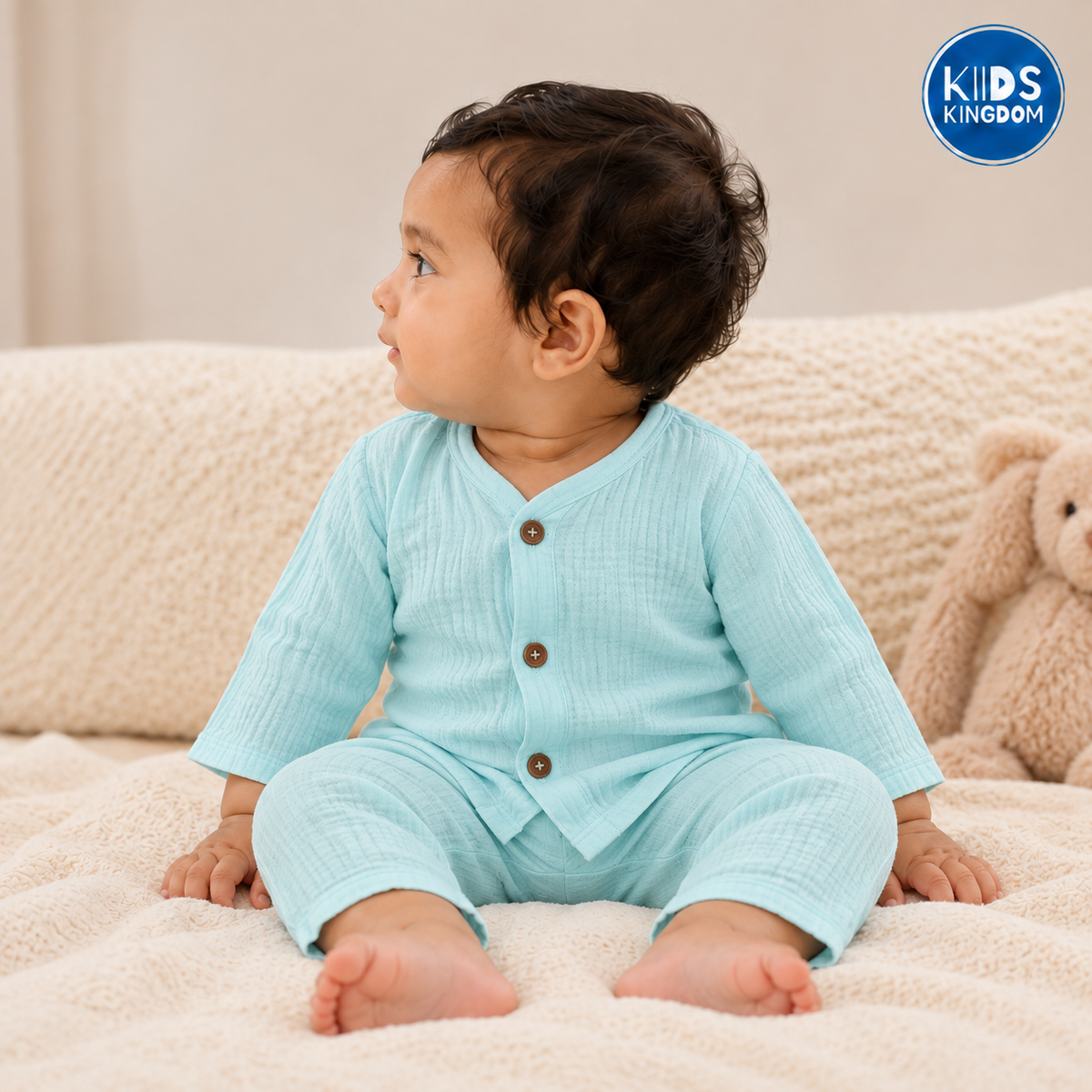 Crinkled Muslin Night Suit Aqua