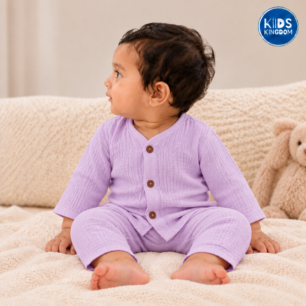 Crinkled Muslin Night Suit Lilac