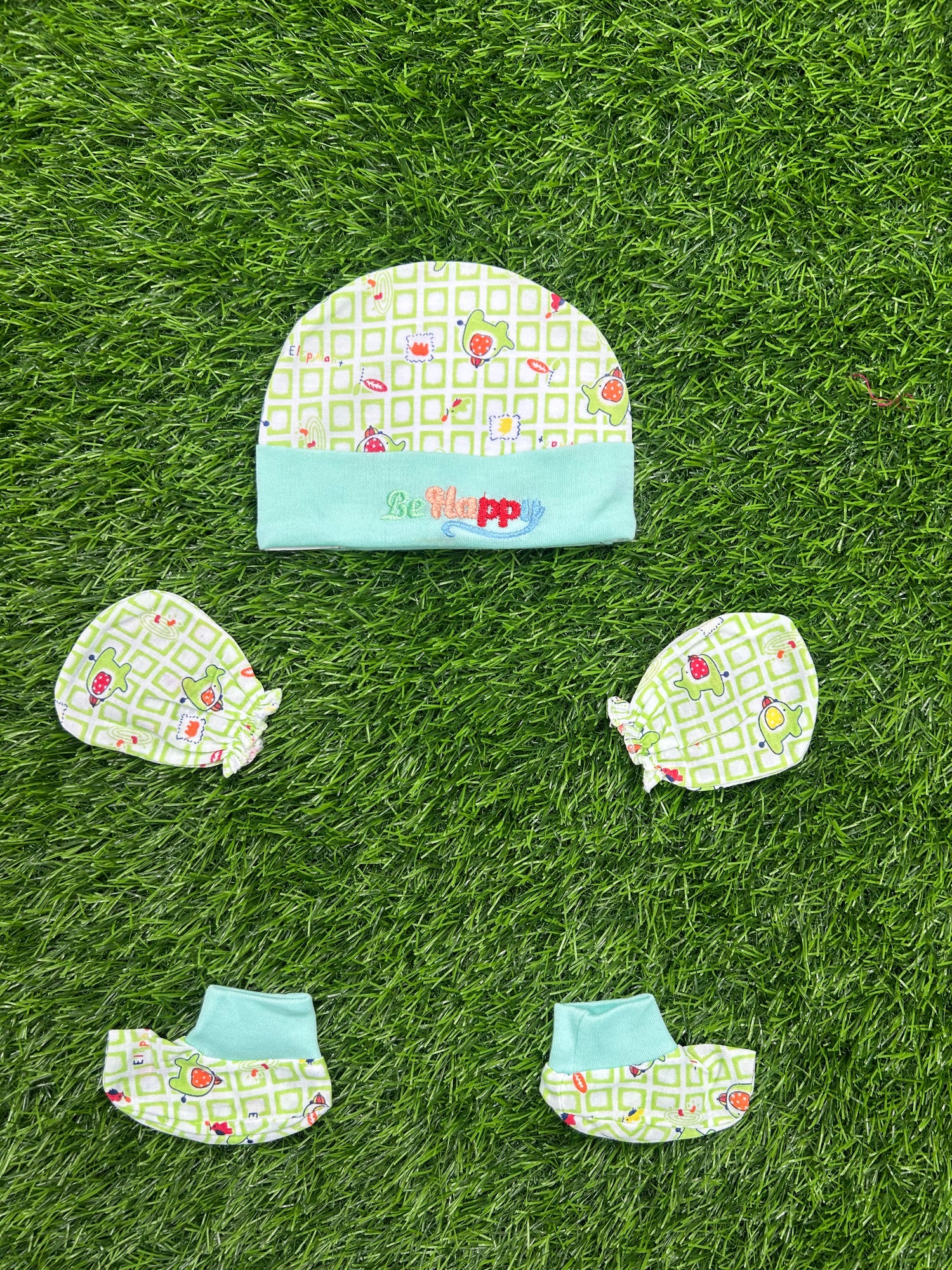 Cap Mitten Booties Green Teddy