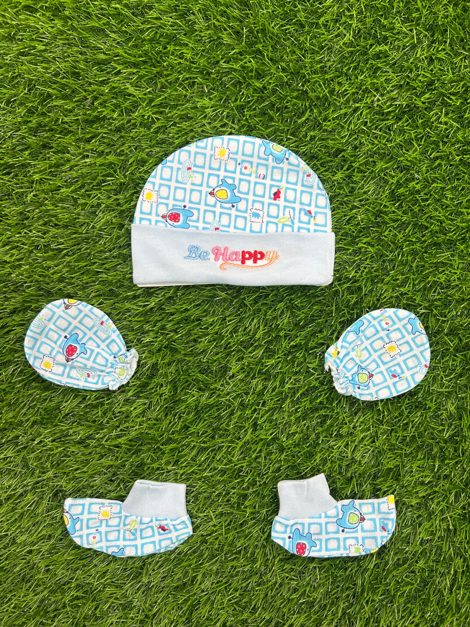 Cap Mitten Booties Blue Teddy
