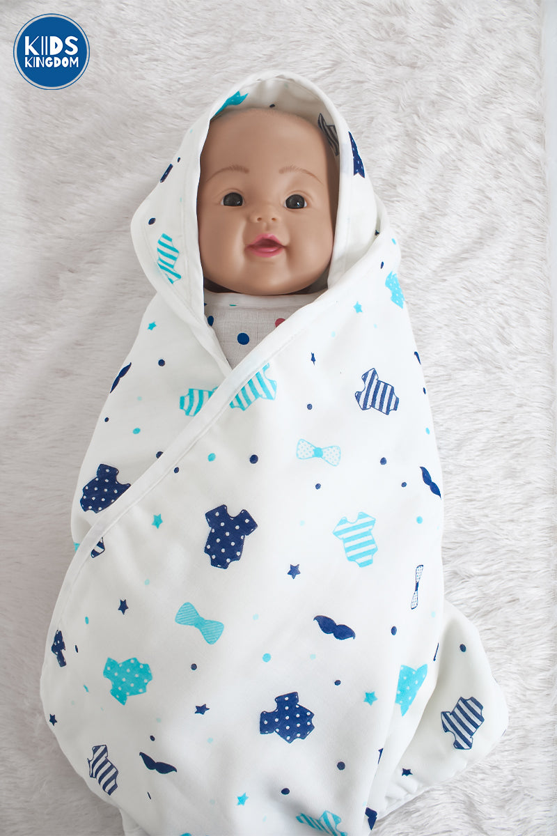 Muslin 8-Layer Infant Hooded Receiving Blanket | Blue Dress