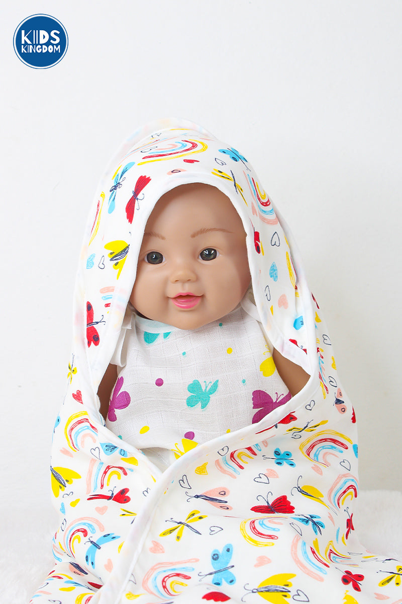 Muslin 8-Layer Infant Hooded Receiving Blanket | Butterfly and Rainbow