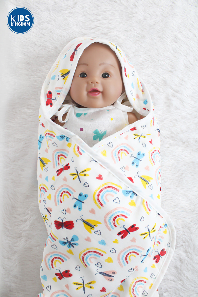 Muslin 8-Layer Infant Hooded Receiving Blanket | Butterfly and Rainbow