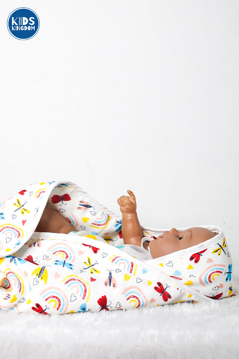 Muslin 8-Layer Infant Hooded Receiving Blanket | Butterfly and Rainbow