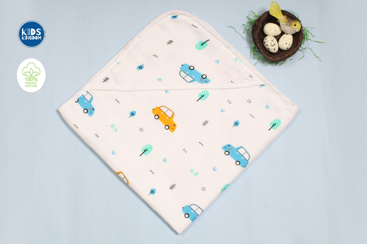 Muslin 8-Layer Infant Hooded Receiving Blanket | Cars