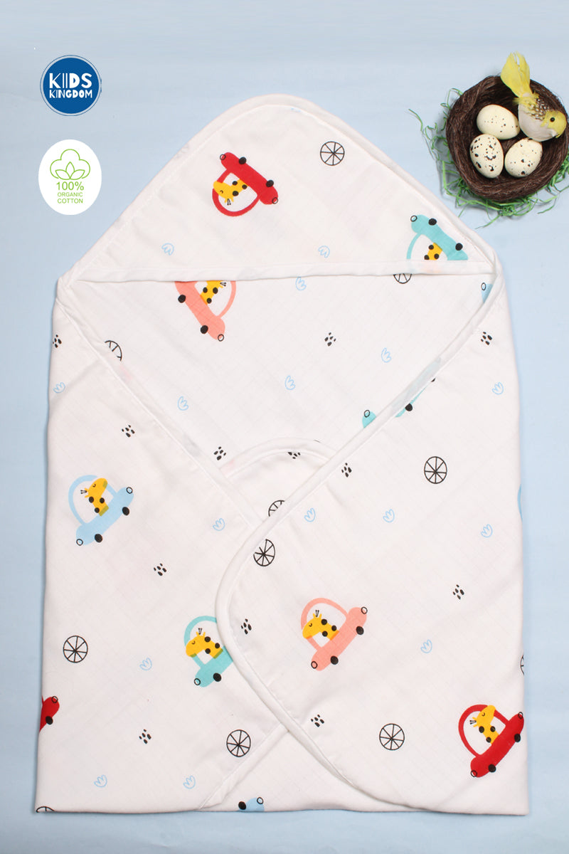 Muslin 8-Layer Infant Hooded Receiving Blanket | Giraffe in the Car