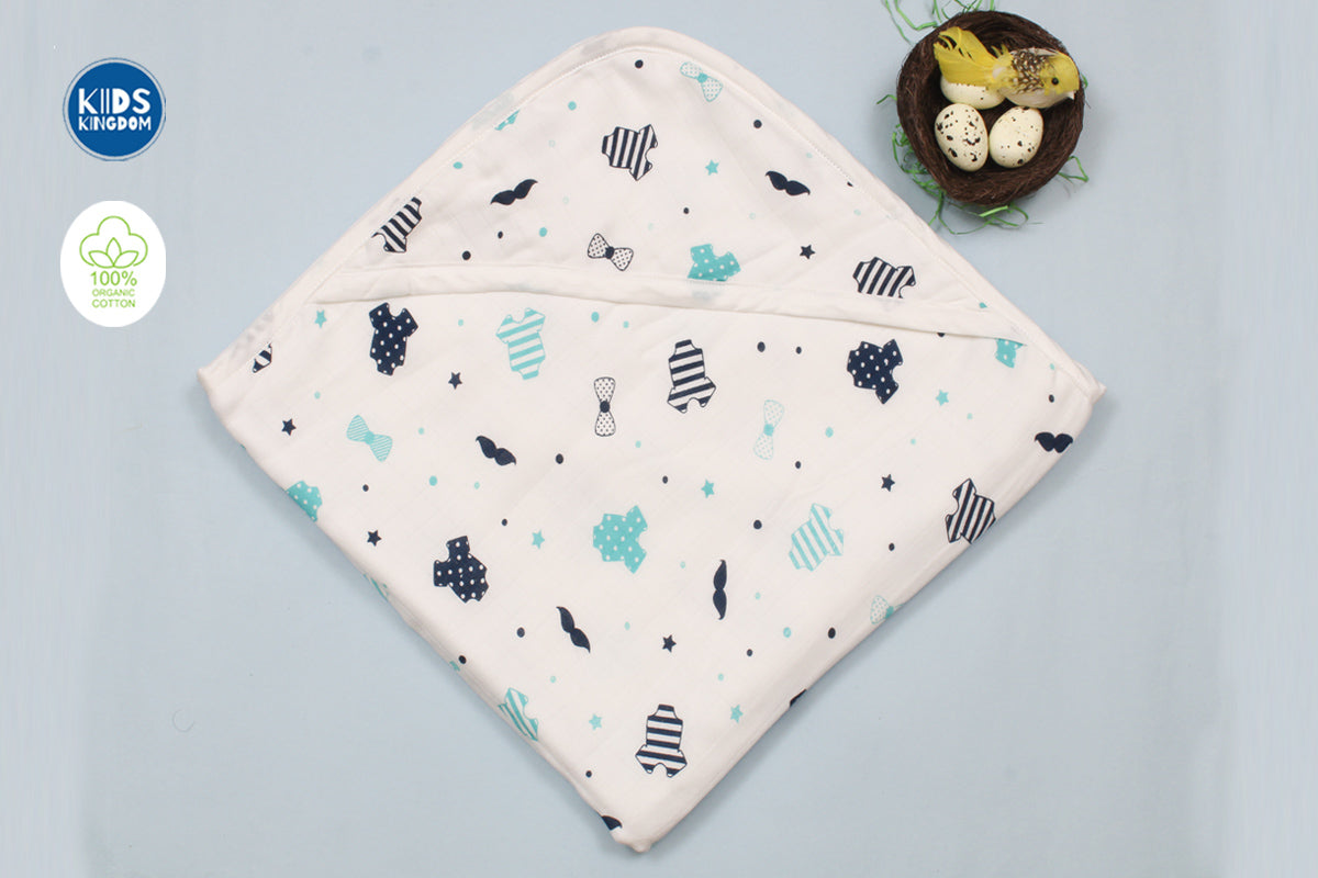 Muslin 8-Layer Infant Hooded Receiving Blanket | Blue Dress