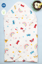 Muslin 8-Layer Infant Hooded Receiving Blanket | Butterfly and Rainbow 1