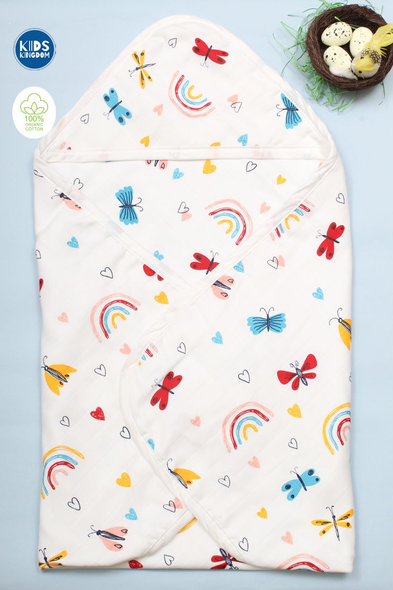 Muslin 8-Layer Infant Hooded Receiving Blanket | Butterfly and Rainbow 1