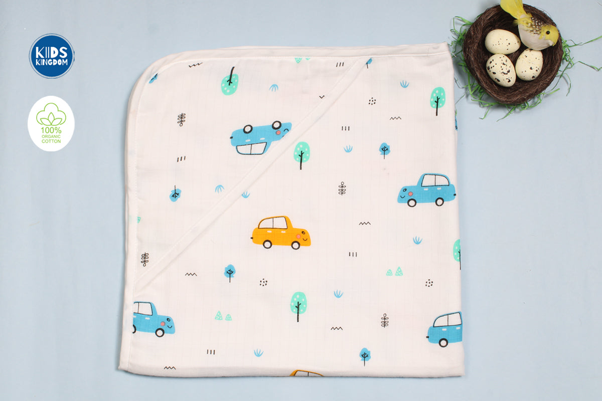 Muslin 8-Layer Infant Hooded Receiving Blanket | Cars
