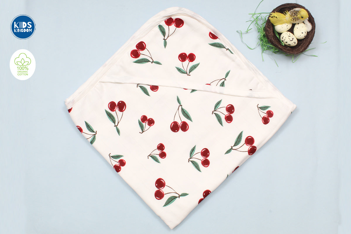 Muslin 8-Layer Infant Hooded Receiving Blanket | Cherry