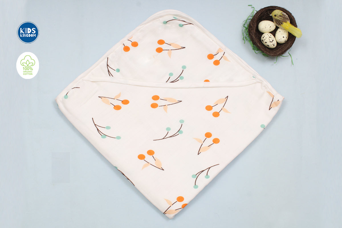 Muslin 8-Layer Newborn Hooded Receiving Blanket | Cherries