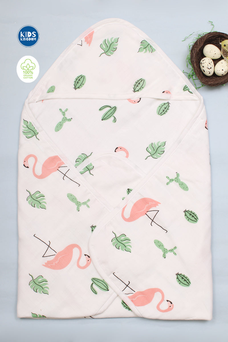 Muslin 8-Layer Newborn Hooded Receiving Blanket Flamingo