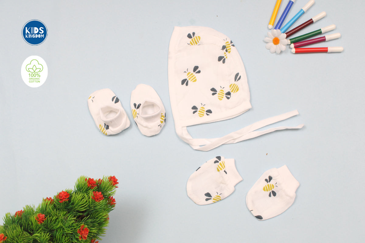 Muslin Cap Mitten Booties Bee