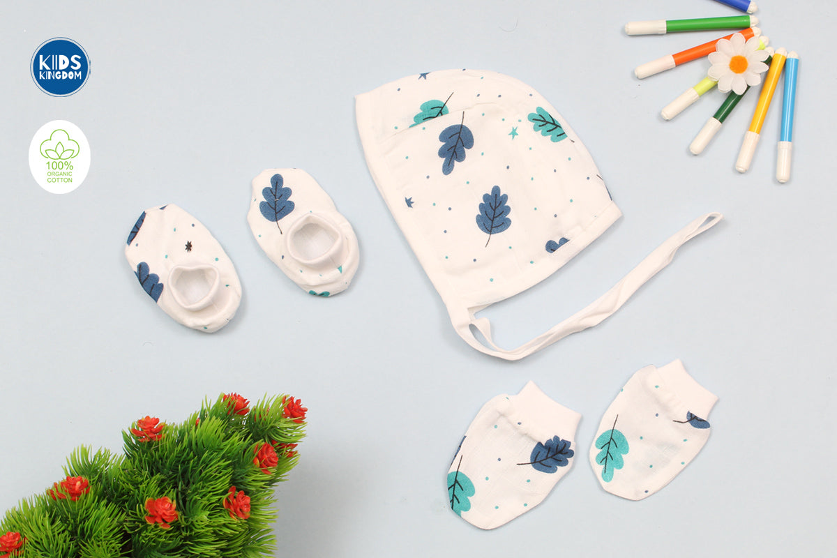 Muslin Cap Mitten Booties Blue Leaf