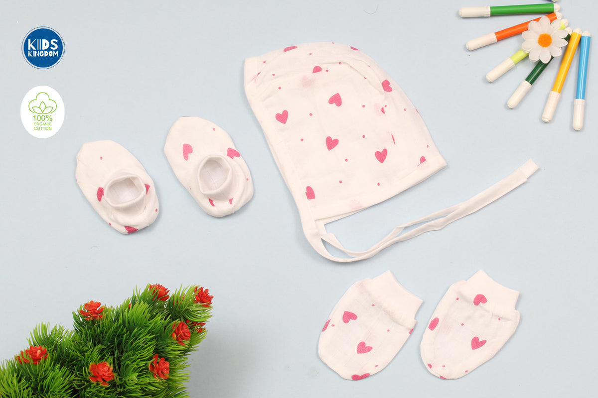 Muslin Cap Mitten Booties Set | Pink Heart