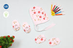 Muslin Cap Mitten Booties Set | Red Flower