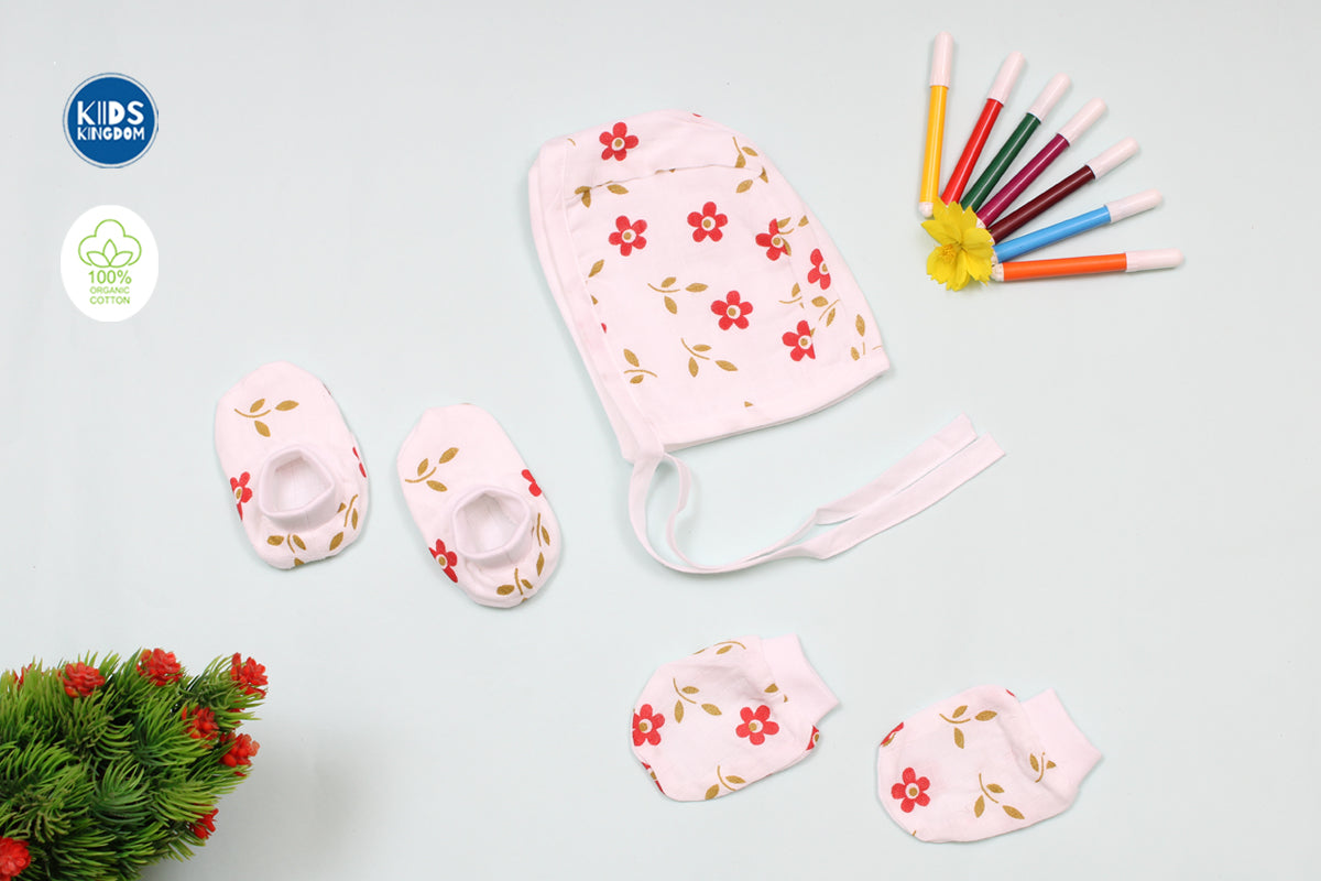 Muslin Cap Mitten Booties Set | Red Flower