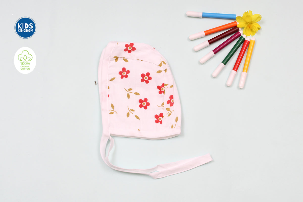 Muslin Cap Mitten Booties Set | Red Flower 1