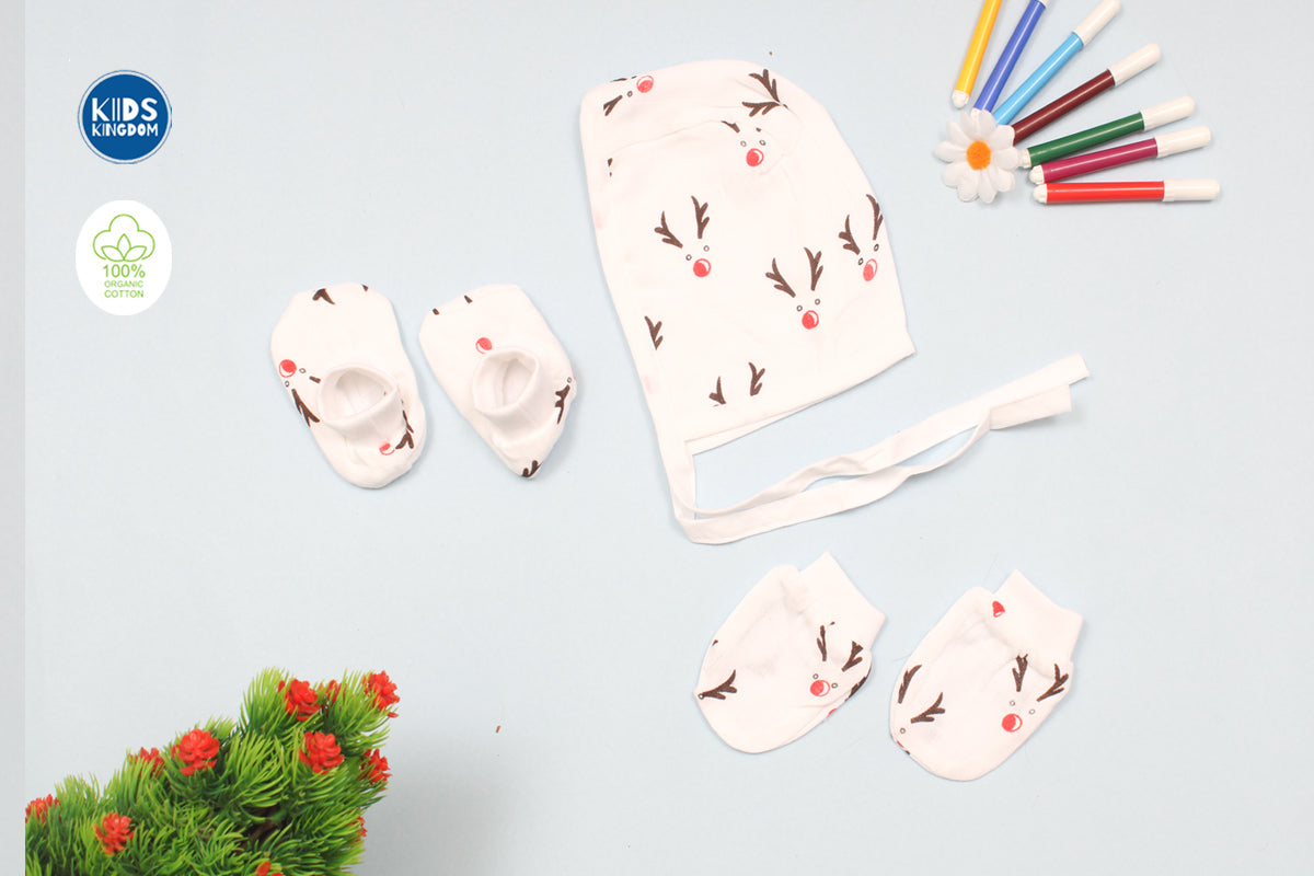 Muslin Cap Mitten Booties Set | Reindeer