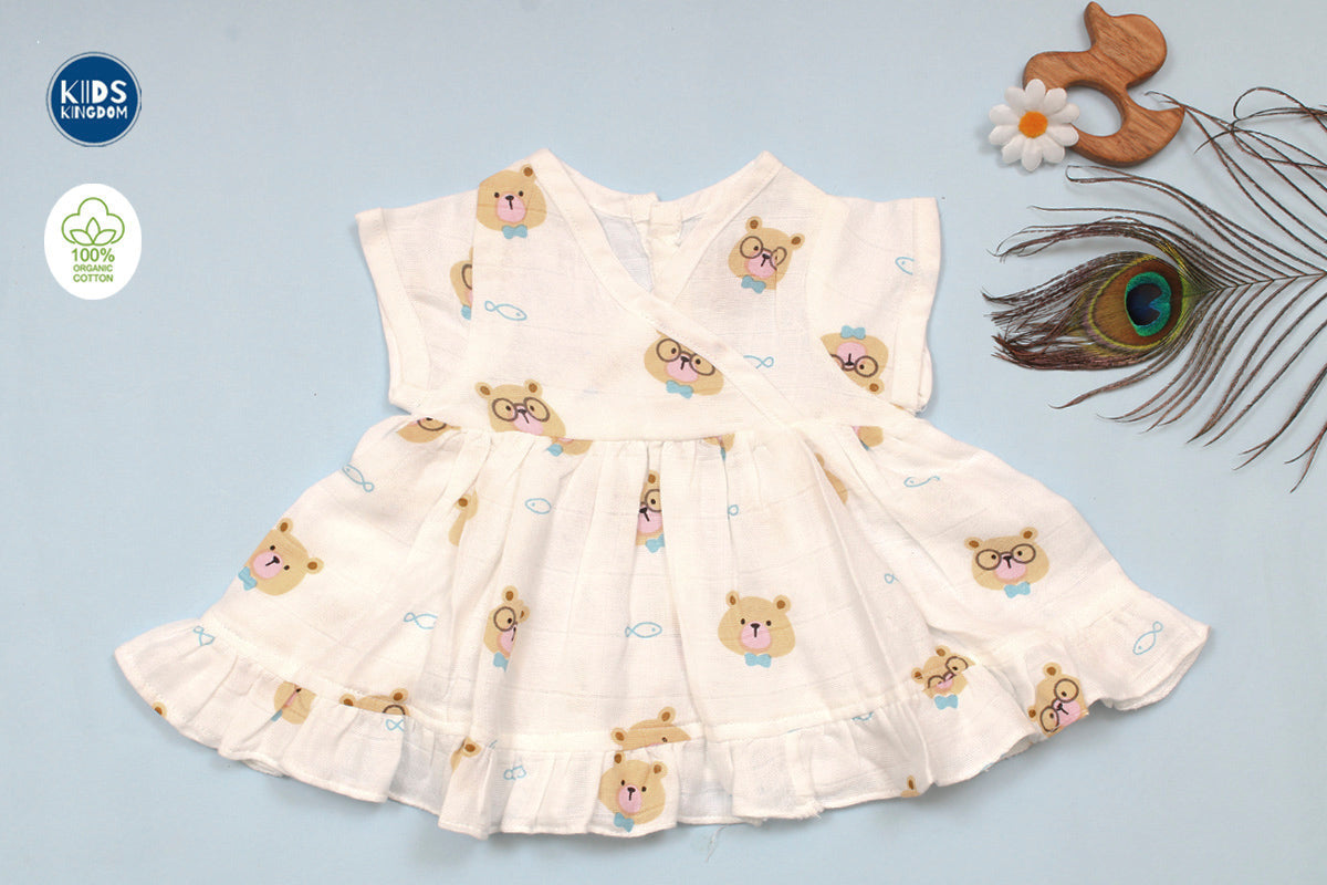 Muslin Frock Teddy with Blue Bow