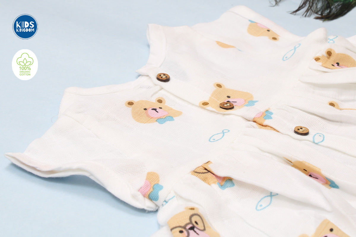 Muslin Frock Teddy with Blue Bow