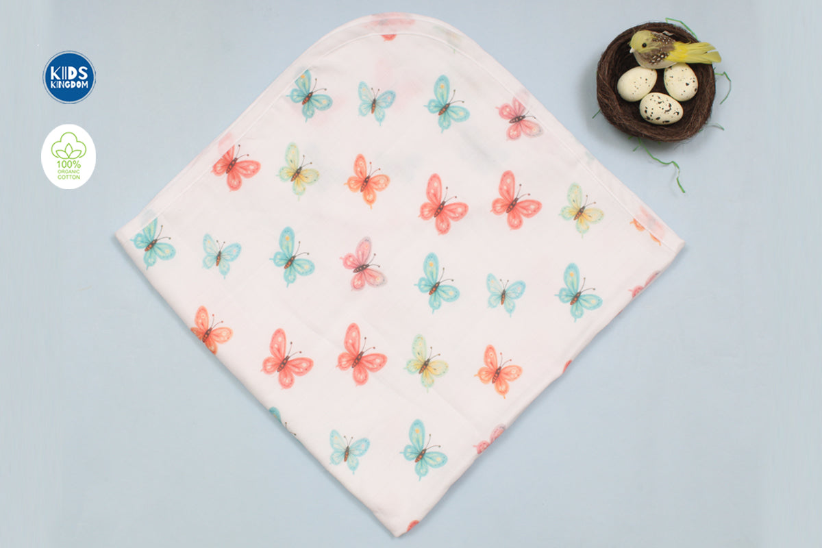Muslin Infant Hooded Bath Towel 2-Layer | Butterfly