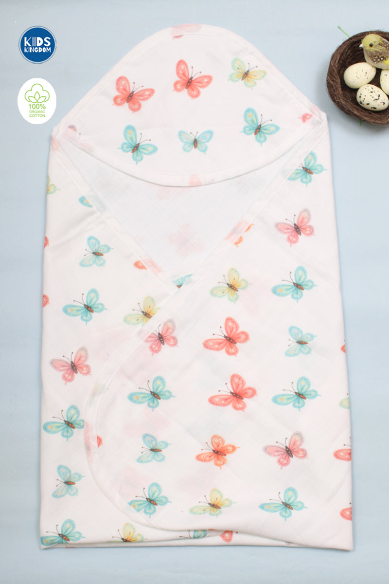 Muslin Infant Hooded Bath Towel 2-Layer | Butterfly