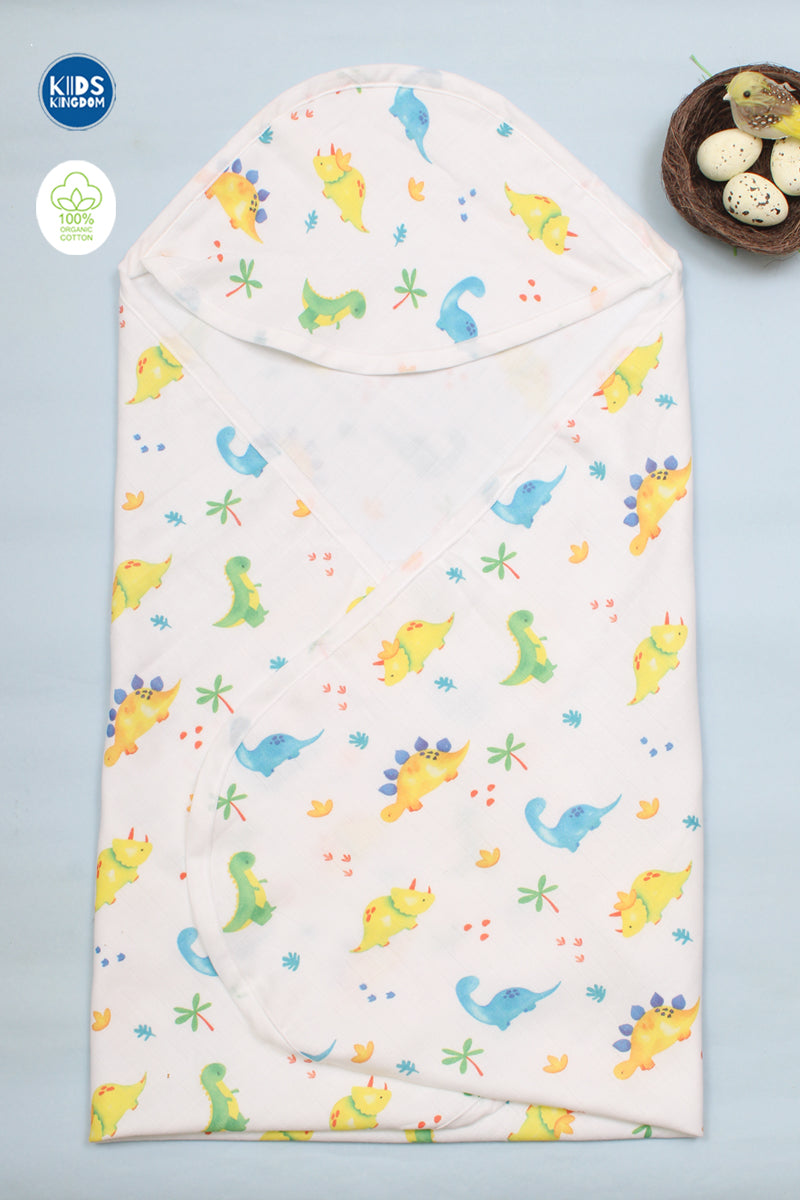 Muslin Infant Hooded Bath Towel 2-Layer | Dino