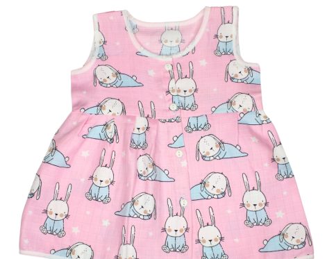 Muslin Colour Frocks - Pink - Bunny Print