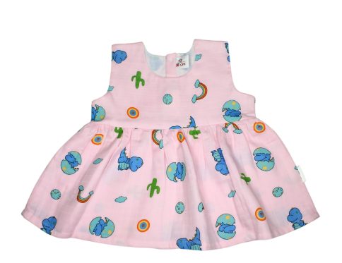 Muslin Colour Frocks - Pink - Dinosaur Print