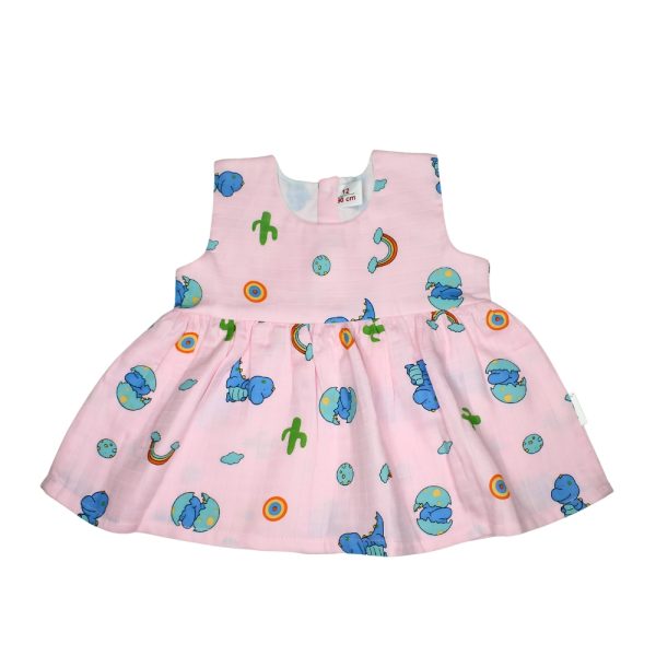 Muslin Colour Frocks - Pink - Dinosaur Print