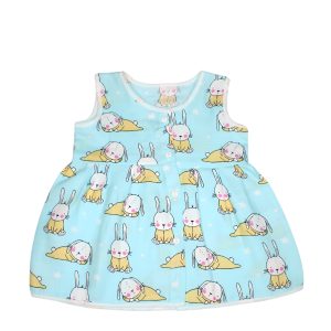 Muslin Colour Frocks - Sky Blue - Bunny Print