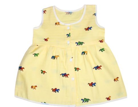 Muslin Colour Frocks - Yellow - Horse Print