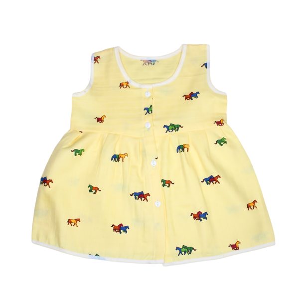 Muslin Colour Frocks - Yellow - Horse Print