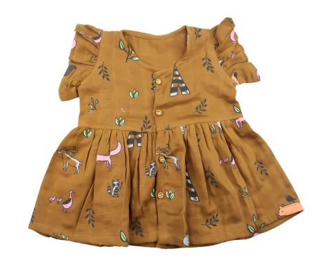 Colour Muslin Frill Frocks Brown with Animals