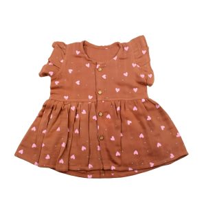 Colour Muslin Frill Frocks Brown with Pink Heart