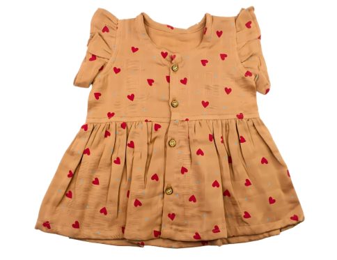 Colour Muslin Frill Frocks Light Brown with Dark Red Heart