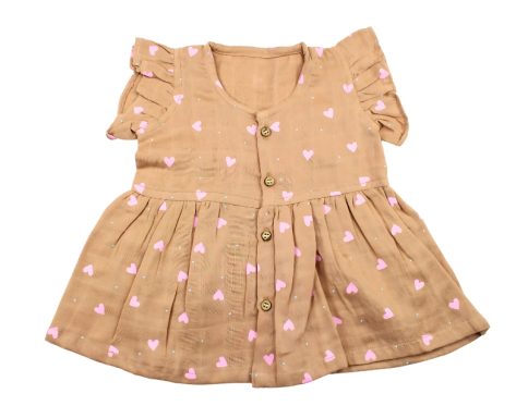 Colour Muslin Frock Light Brown with Light Pink Heart