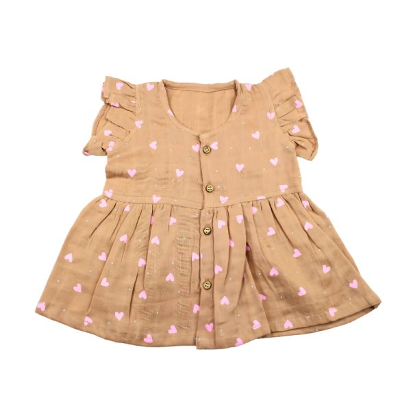 Colour Muslin Frock Light Brown with Light Pink Heart