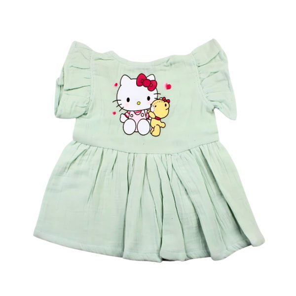 Colour Muslin Frill Frocks Light Green Cat and Tedy