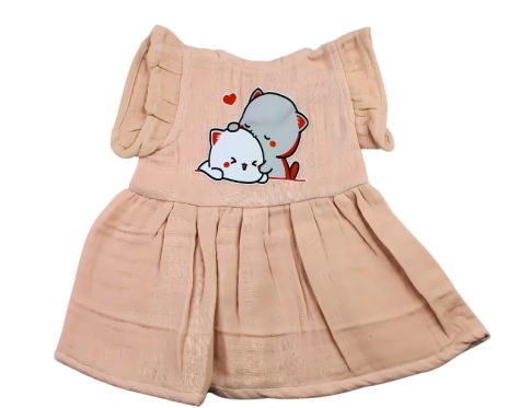 Colour Muslin Frill Frock Light Peach with 2 Cats