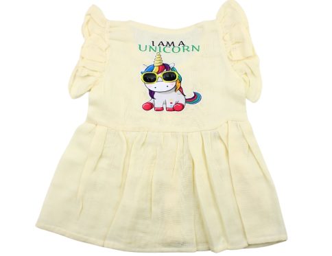 Colour Muslin Frill Frocks Yellow Unicorn